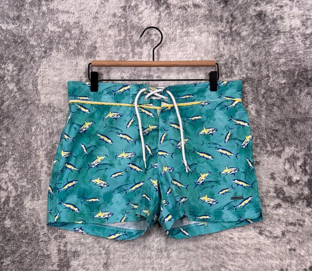 Parke & Ronen Swim Trunks 32 Mens Fish Print Lined Tie Front 4" Swim